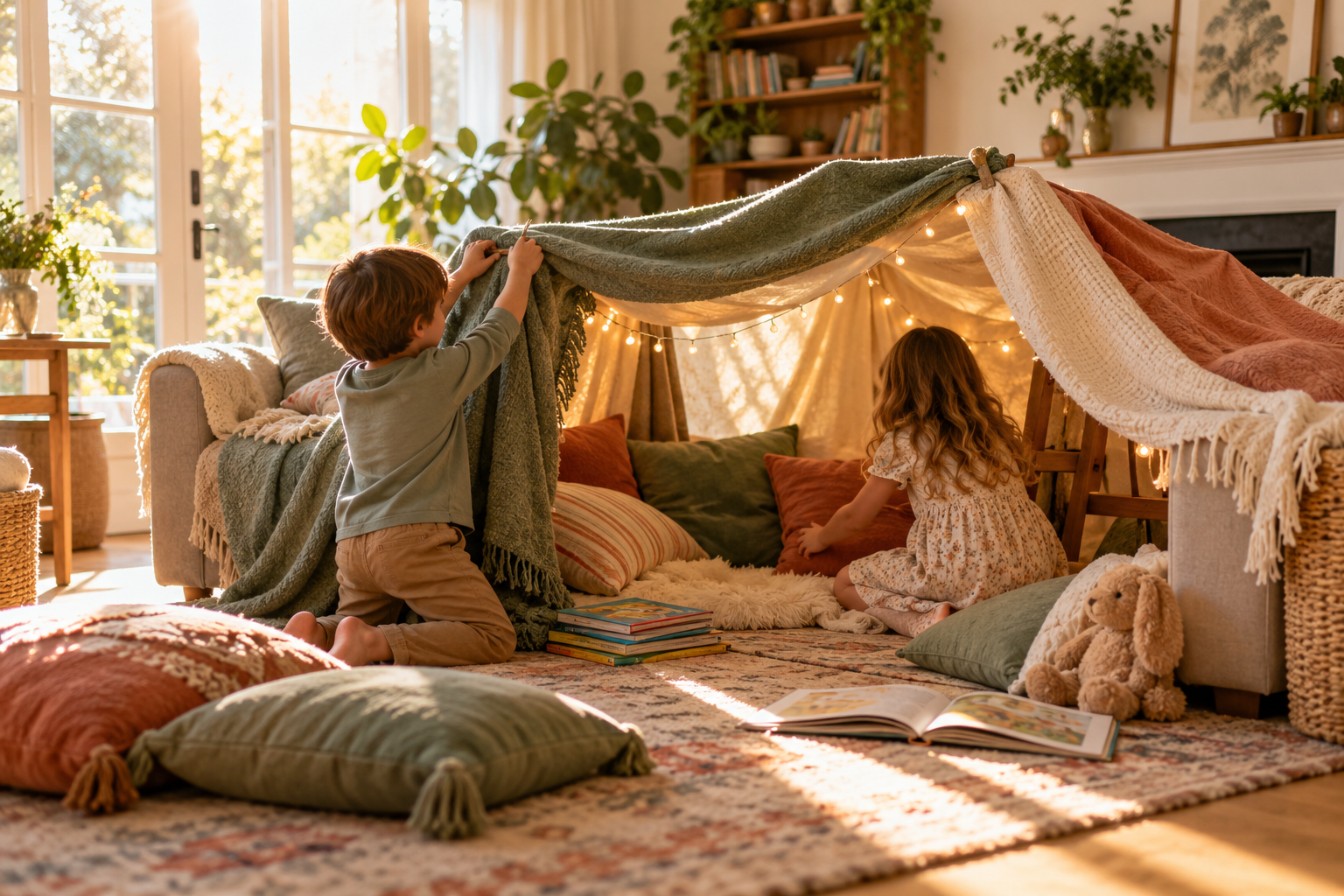 Children enjoying a blanket fort screen-free activity
