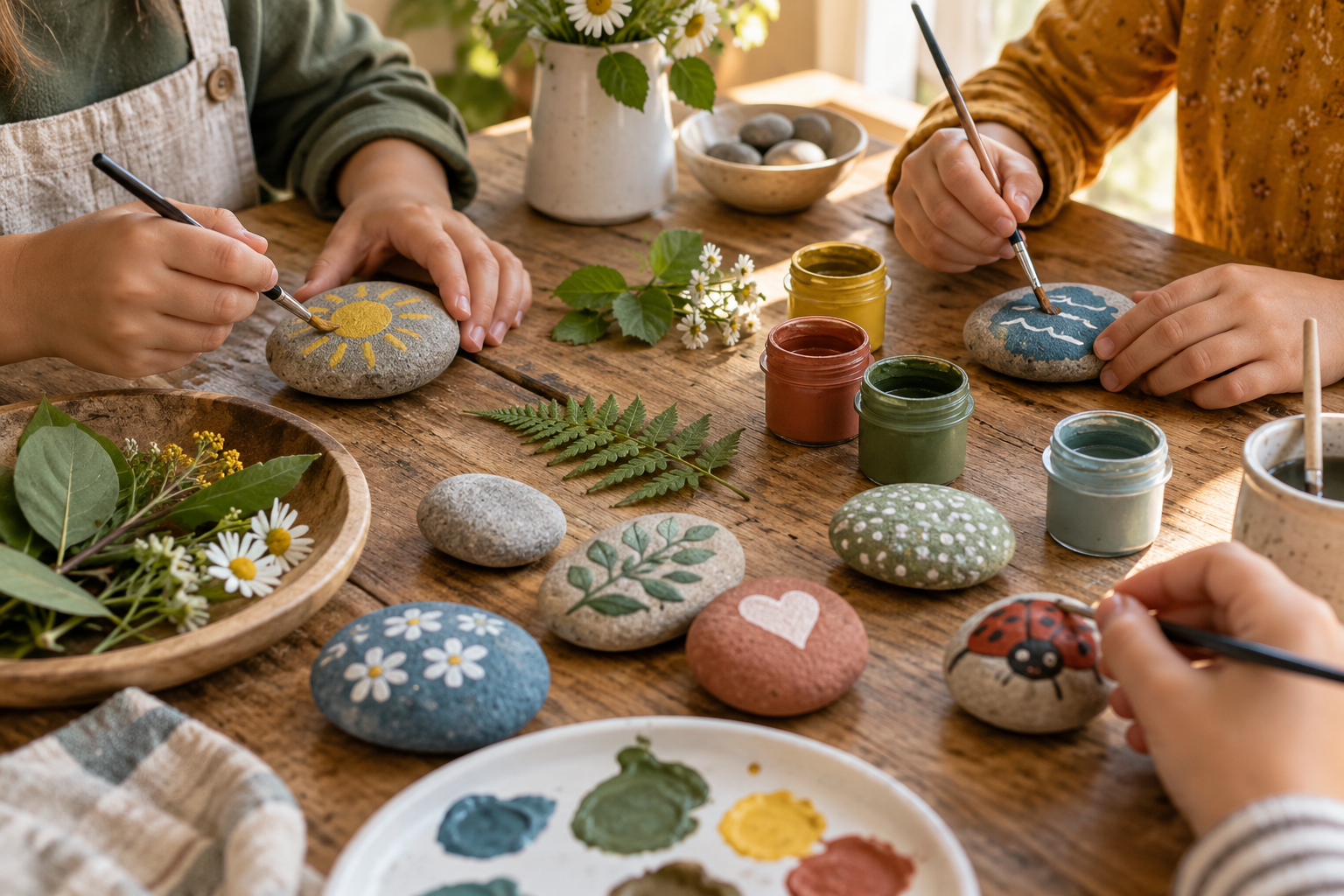 Kids painting rocks as a screen-free creative activity